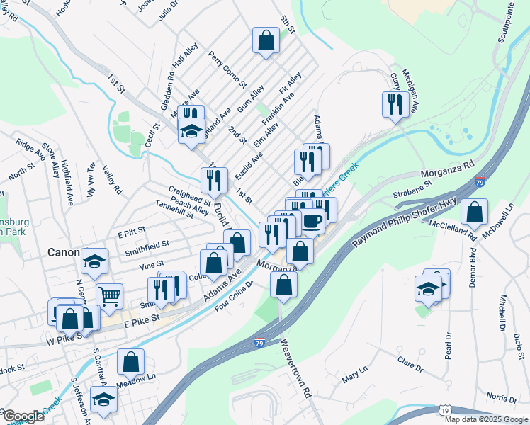 map of restaurants, bars, coffee shops, grocery stores, and more near 402 Chartiers Avenue in Canonsburg