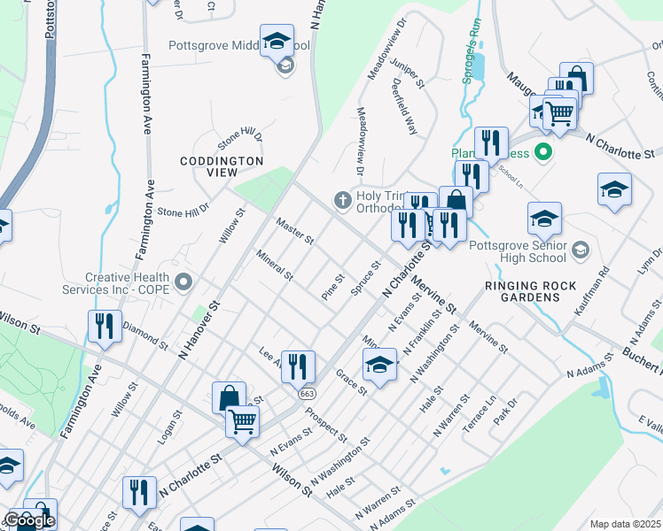 map of restaurants, bars, coffee shops, grocery stores, and more near 1046 Elmwood Drive in Pottstown