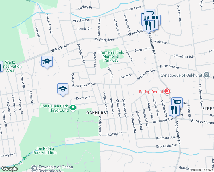 map of restaurants, bars, coffee shops, grocery stores, and more near 496 West Lincoln Avenue in Avon-by-the-Sea