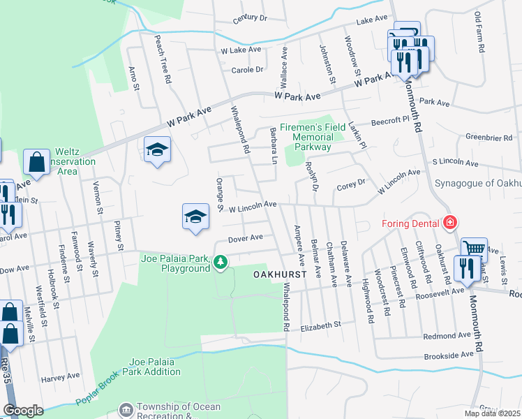 map of restaurants, bars, coffee shops, grocery stores, and more near 128 Whalepond Road in Monmouth County
