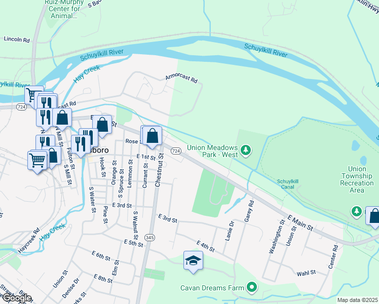 map of restaurants, bars, coffee shops, grocery stores, and more near 865 East Main Street in Birdsboro