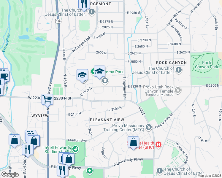 map of restaurants, bars, coffee shops, grocery stores, and more near 2298 Rock Canyon Cir in Provo