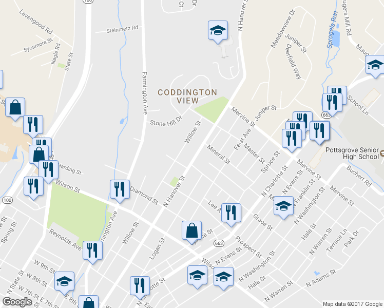map of restaurants, bars, coffee shops, grocery stores, and more near 991 N Hanover St in Pottstown
