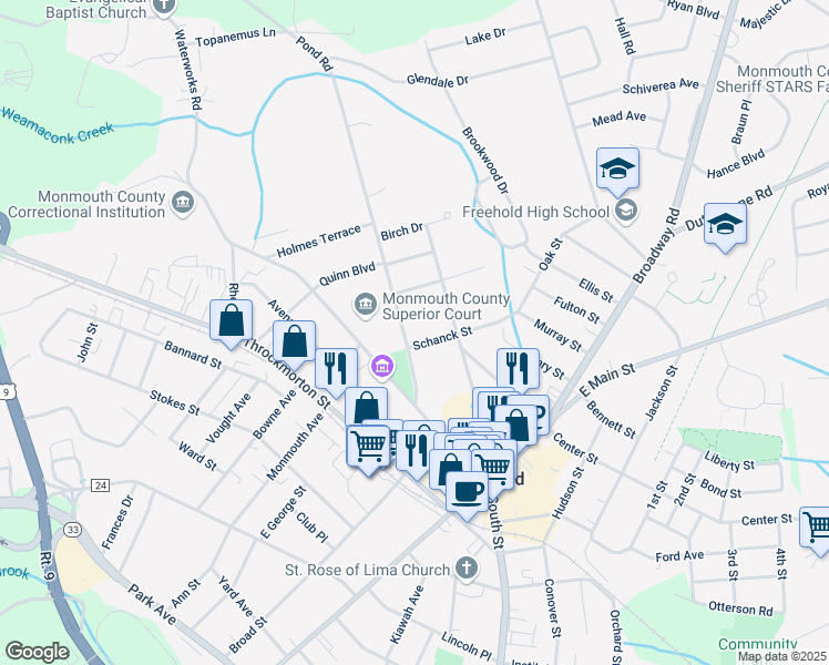 map of restaurants, bars, coffee shops, grocery stores, and more near 25 Monument Street in Freehold
