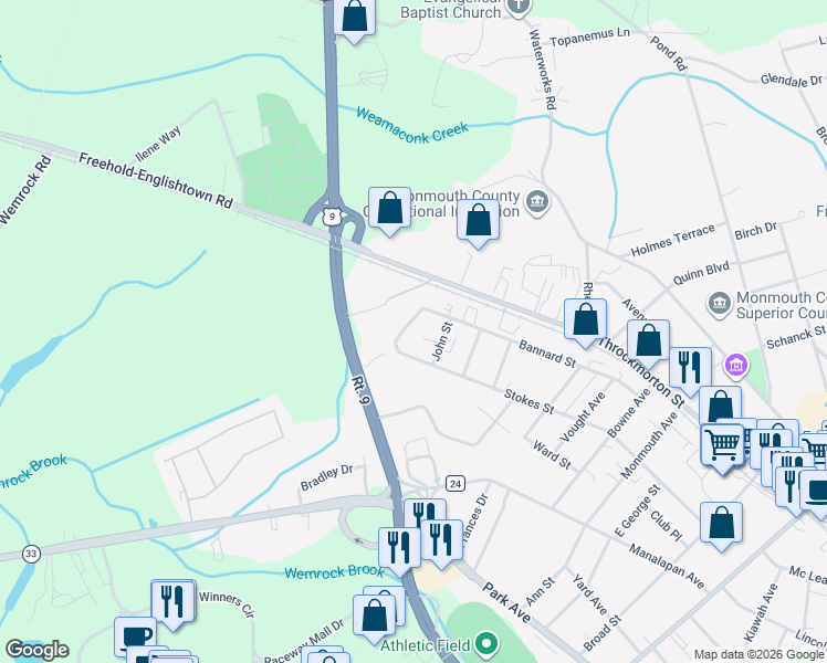 map of restaurants, bars, coffee shops, grocery stores, and more near 115 Stokes Street in Freehold