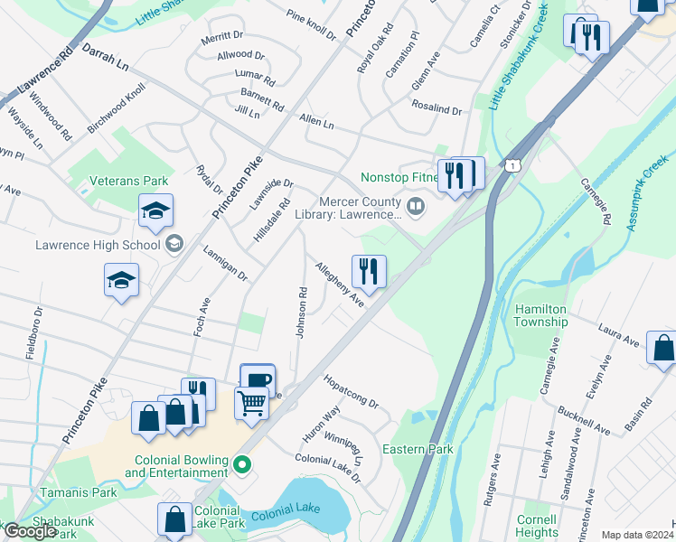 map of restaurants, bars, coffee shops, grocery stores, and more near 12 Allegheny Avenue in Lawrence Township