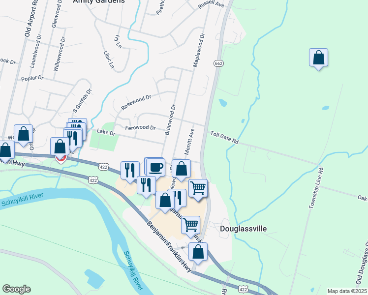map of restaurants, bars, coffee shops, grocery stores, and more near 106 Merritt Avenue in Douglassville