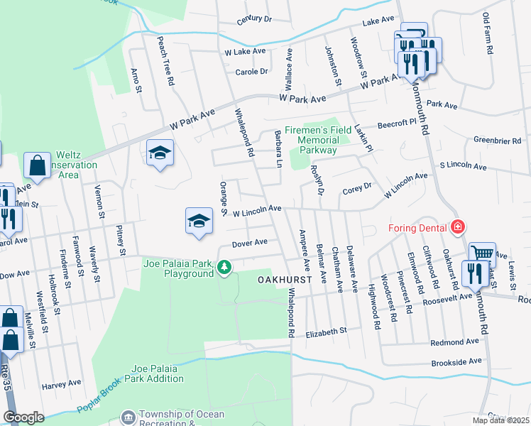 map of restaurants, bars, coffee shops, grocery stores, and more near 128 Whalepond Road in Monmouth County