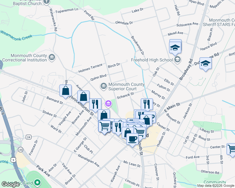 map of restaurants, bars, coffee shops, grocery stores, and more near 25 Monument Street in Freehold