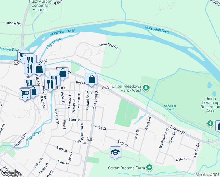 map of restaurants, bars, coffee shops, grocery stores, and more near 851 East Main Street in Birdsboro