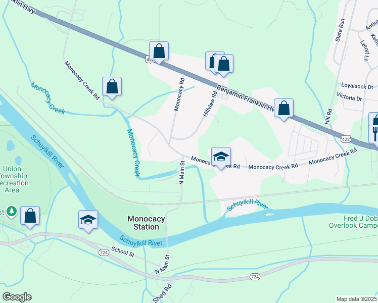 map of restaurants, bars, coffee shops, grocery stores, and more near 501 Monocacy Creek Rd in Birdsboro