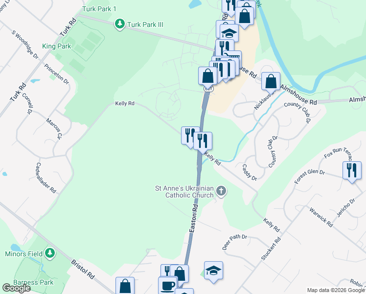 map of restaurants, bars, coffee shops, grocery stores, and more near 1574 Easton Road in Warrington