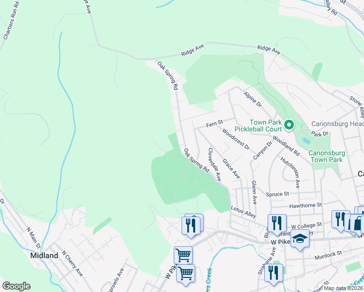map of restaurants, bars, coffee shops, grocery stores, and more near 363 Oak Spring Road in Canonsburg