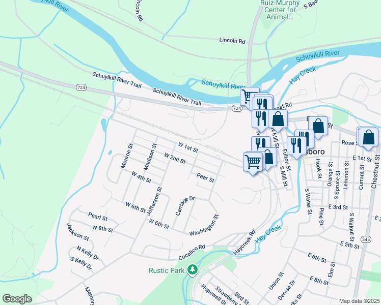map of restaurants, bars, coffee shops, grocery stores, and more near 418 W 1st St in Birdsboro