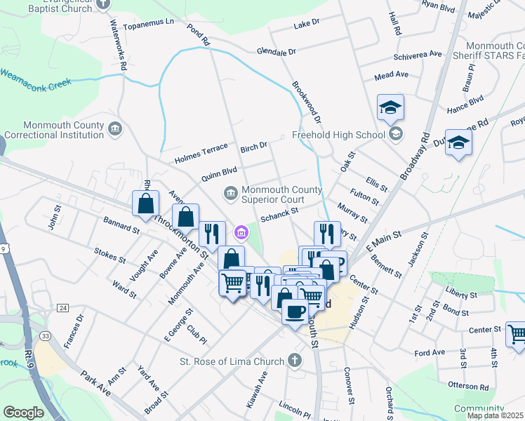 map of restaurants, bars, coffee shops, grocery stores, and more near 25 Monument Street in Freehold