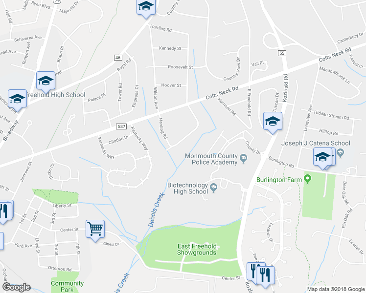 map of restaurants, bars, coffee shops, grocery stores, and more near 510 Harding Road in Freehold Township