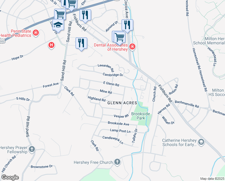 map of restaurants, bars, coffee shops, grocery stores, and more near 205 Mine Road in Hershey