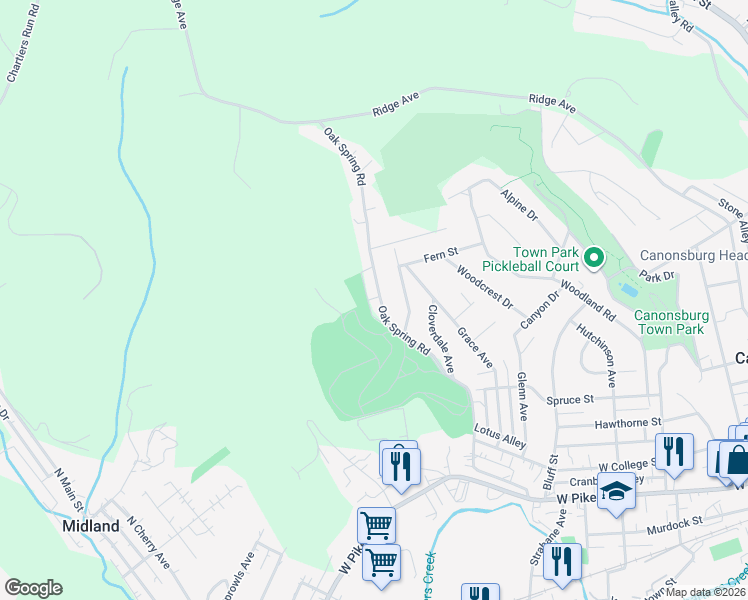 map of restaurants, bars, coffee shops, grocery stores, and more near 363 Oak Spring Road in Canonsburg