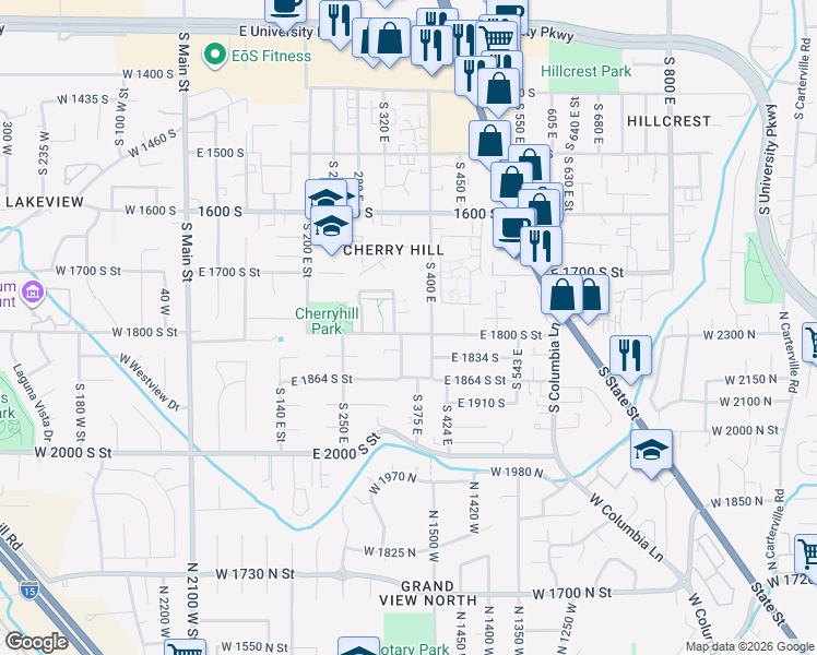 map of restaurants, bars, coffee shops, grocery stores, and more near 373 East 1800 South Street in Orem