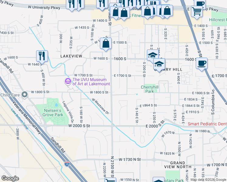 map of restaurants, bars, coffee shops, grocery stores, and more near 1795 South Main Street in Orem