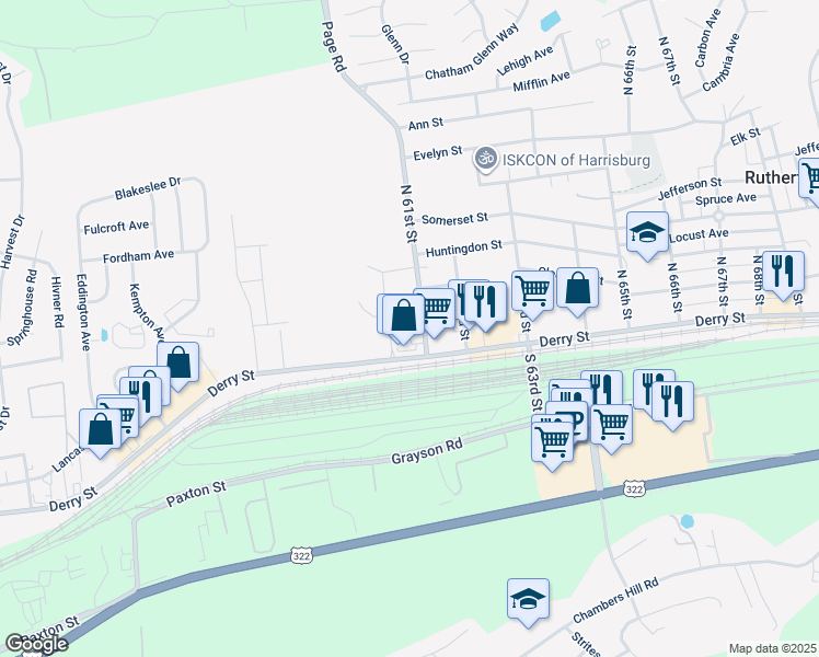 map of restaurants, bars, coffee shops, grocery stores, and more near 6059 Pinedale Court in Harrisburg