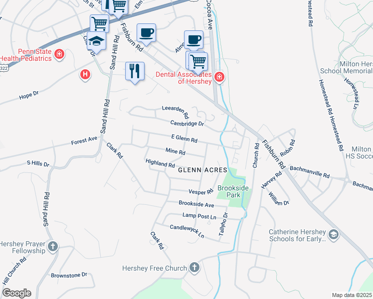 map of restaurants, bars, coffee shops, grocery stores, and more near 205 Mine Road in Hershey