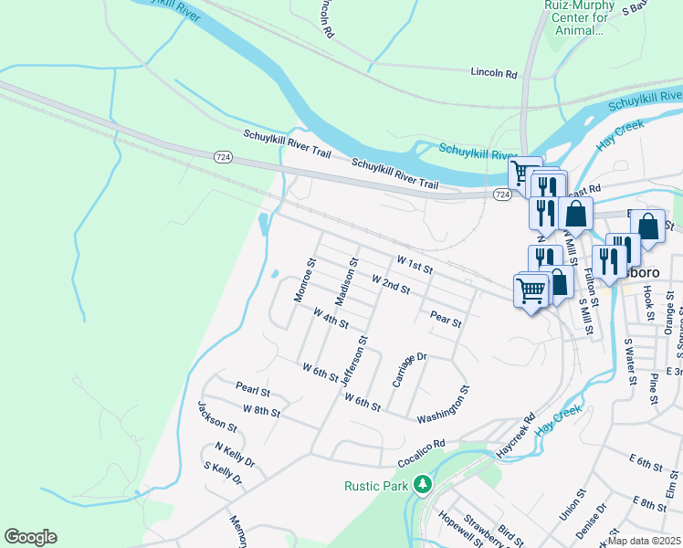 map of restaurants, bars, coffee shops, grocery stores, and more near 610 West 2nd Street in Birdsboro