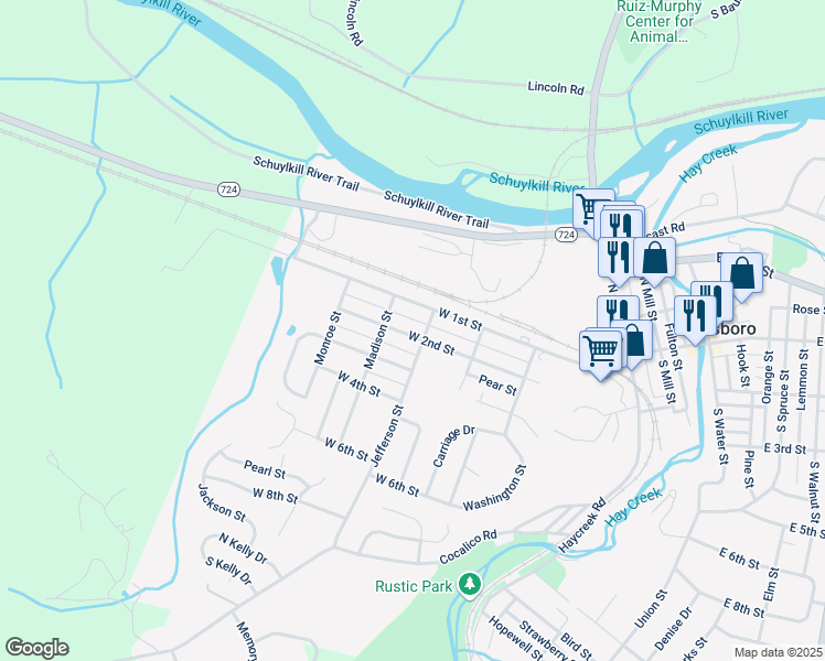 map of restaurants, bars, coffee shops, grocery stores, and more near 515 West 2nd Street in Birdsboro