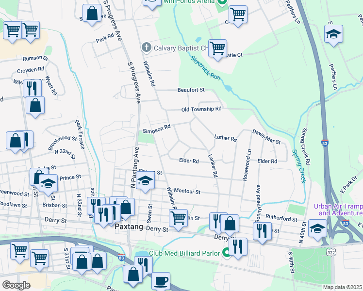 map of restaurants, bars, coffee shops, grocery stores, and more near 3735 Vista Terrace in Harrisburg