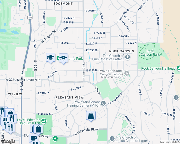 map of restaurants, bars, coffee shops, grocery stores, and more near 698 East 2320 North in Provo