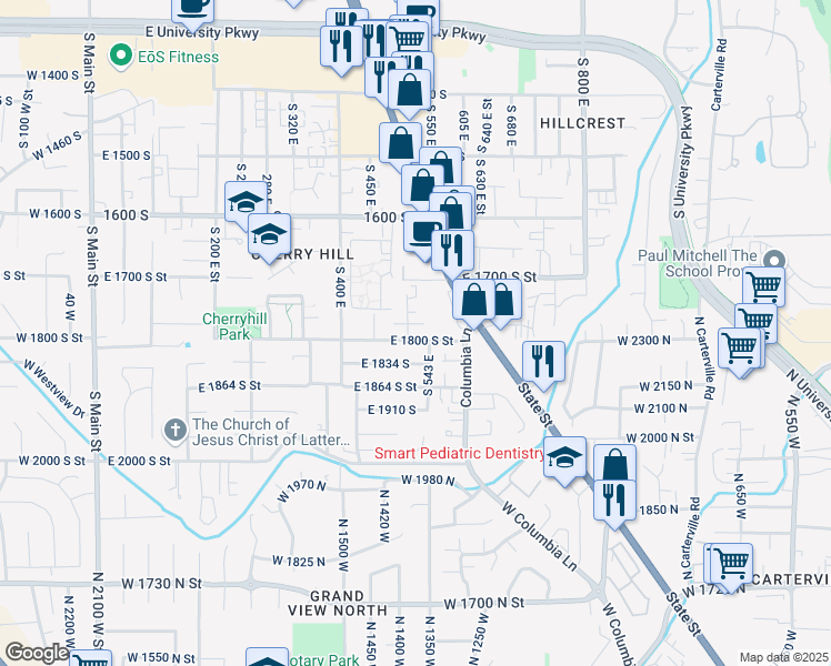 map of restaurants, bars, coffee shops, grocery stores, and more near 527 East 1800 South Street in Orem