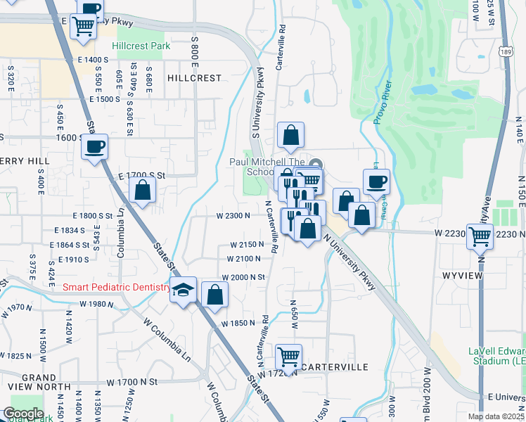 map of restaurants, bars, coffee shops, grocery stores, and more near 2302 North 800 West Street in Provo