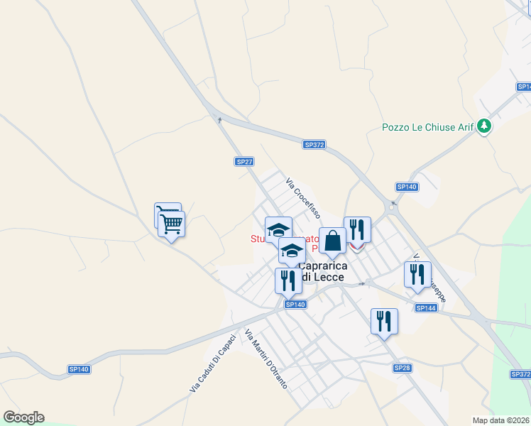 map of restaurants, bars, coffee shops, grocery stores, and more near 70 Via Milite Ignoto in Caprarica di Lecce