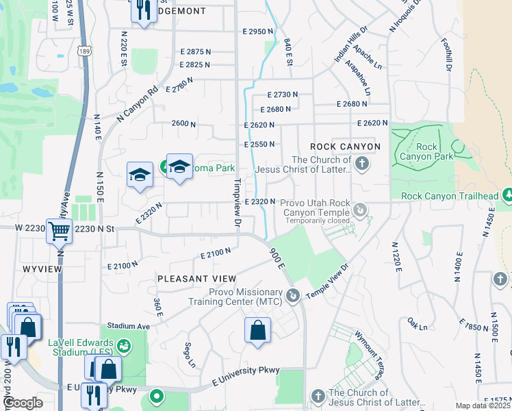 map of restaurants, bars, coffee shops, grocery stores, and more near 698 East 2320 North in Provo