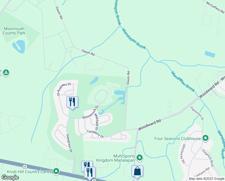 map of restaurants, bars, coffee shops, grocery stores, and more near 150 Shinnecock Drive in Manalapan Township