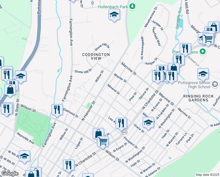 map of restaurants, bars, coffee shops, grocery stores, and more near 200 Maplewood Drive in Pottstown