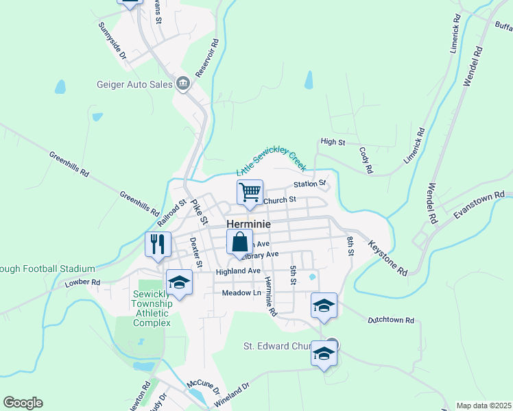 map of restaurants, bars, coffee shops, grocery stores, and more near 310 Church Street in Herminie