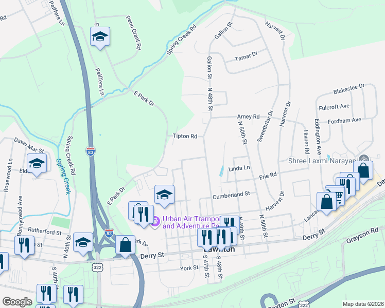 map of restaurants, bars, coffee shops, grocery stores, and more near 4700 Stricker Rd in Harrisburg