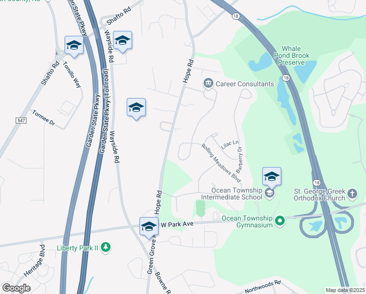 map of restaurants, bars, coffee shops, grocery stores, and more near 101 Rolling Meadows Boulevard South in Ocean Township