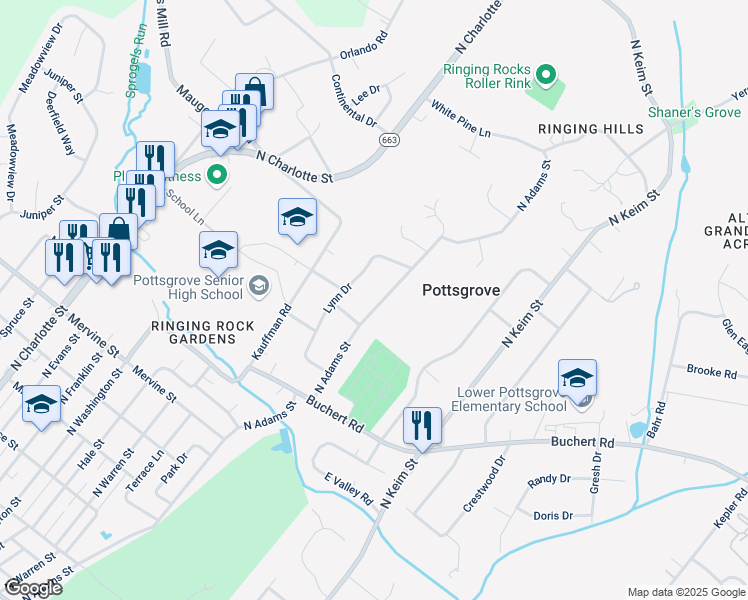 map of restaurants, bars, coffee shops, grocery stores, and more near 1411 North Adams Street in Pottstown