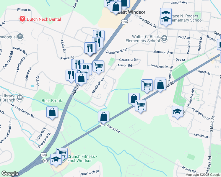 map of restaurants, bars, coffee shops, grocery stores, and more near 45 Winchester Drive in East Windsor