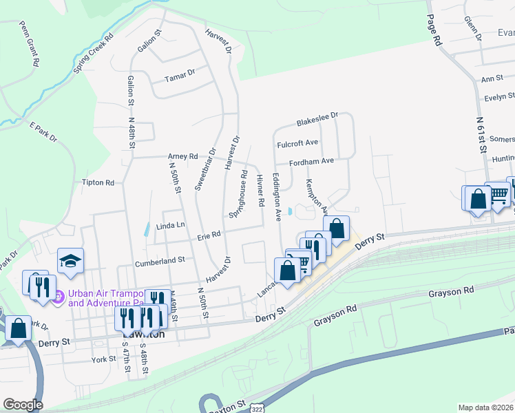 map of restaurants, bars, coffee shops, grocery stores, and more near 374 Hivner Road in Harrisburg