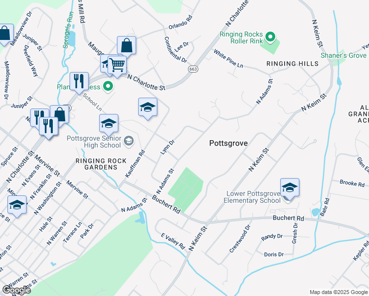 map of restaurants, bars, coffee shops, grocery stores, and more near 1411 North Adams Street in Pottstown