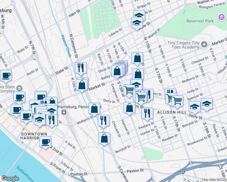 map of restaurants, bars, coffee shops, grocery stores, and more near 1220 Chestnut Street in Harrisburg