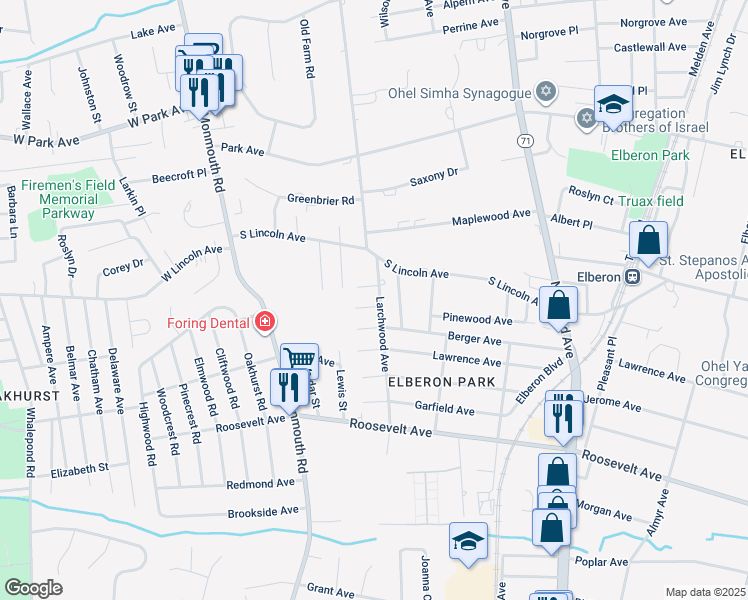 map of restaurants, bars, coffee shops, grocery stores, and more near 168 Larchwood Avenue in Ocean Township