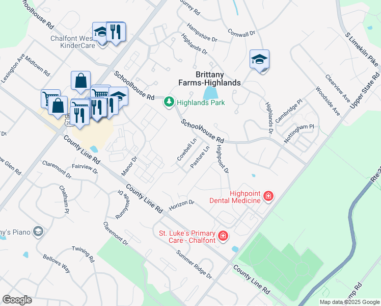 map of restaurants, bars, coffee shops, grocery stores, and more near 54 Country View Lane in Chalfont