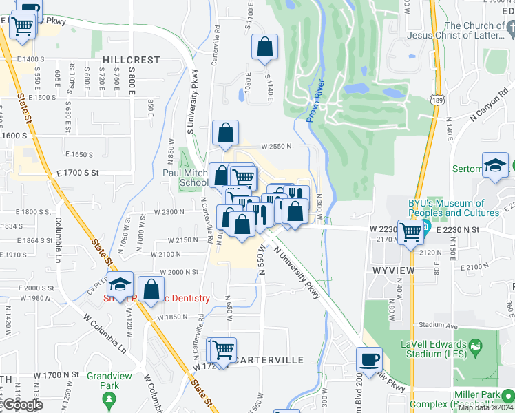 map of restaurants, bars, coffee shops, grocery stores, and more near 2250 North University Parkway in Provo
