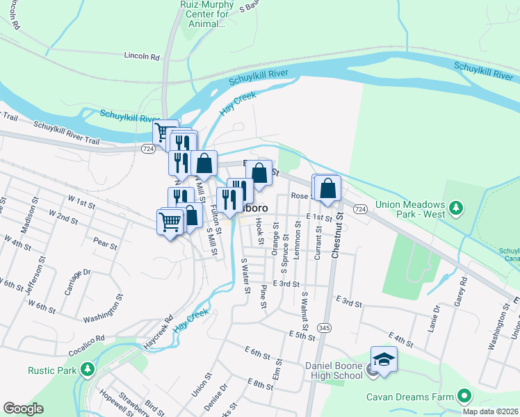 map of restaurants, bars, coffee shops, grocery stores, and more near 507 East 1st Street in Birdsboro