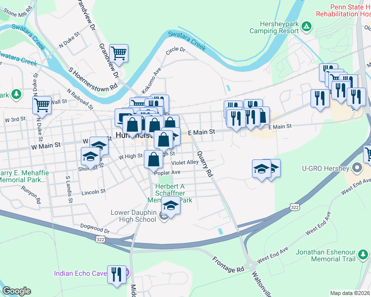 map of restaurants, bars, coffee shops, grocery stores, and more near 144 East High Street in Hummelstown
