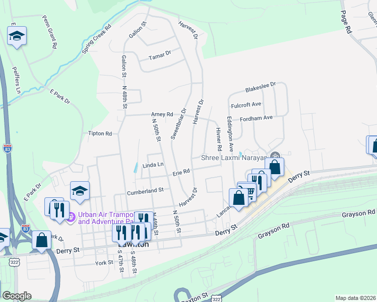 map of restaurants, bars, coffee shops, grocery stores, and more near 385 Harvest Drive in Harrisburg